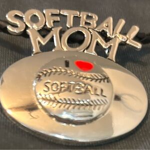 Silver Softball Mom Necklace with Red Heart